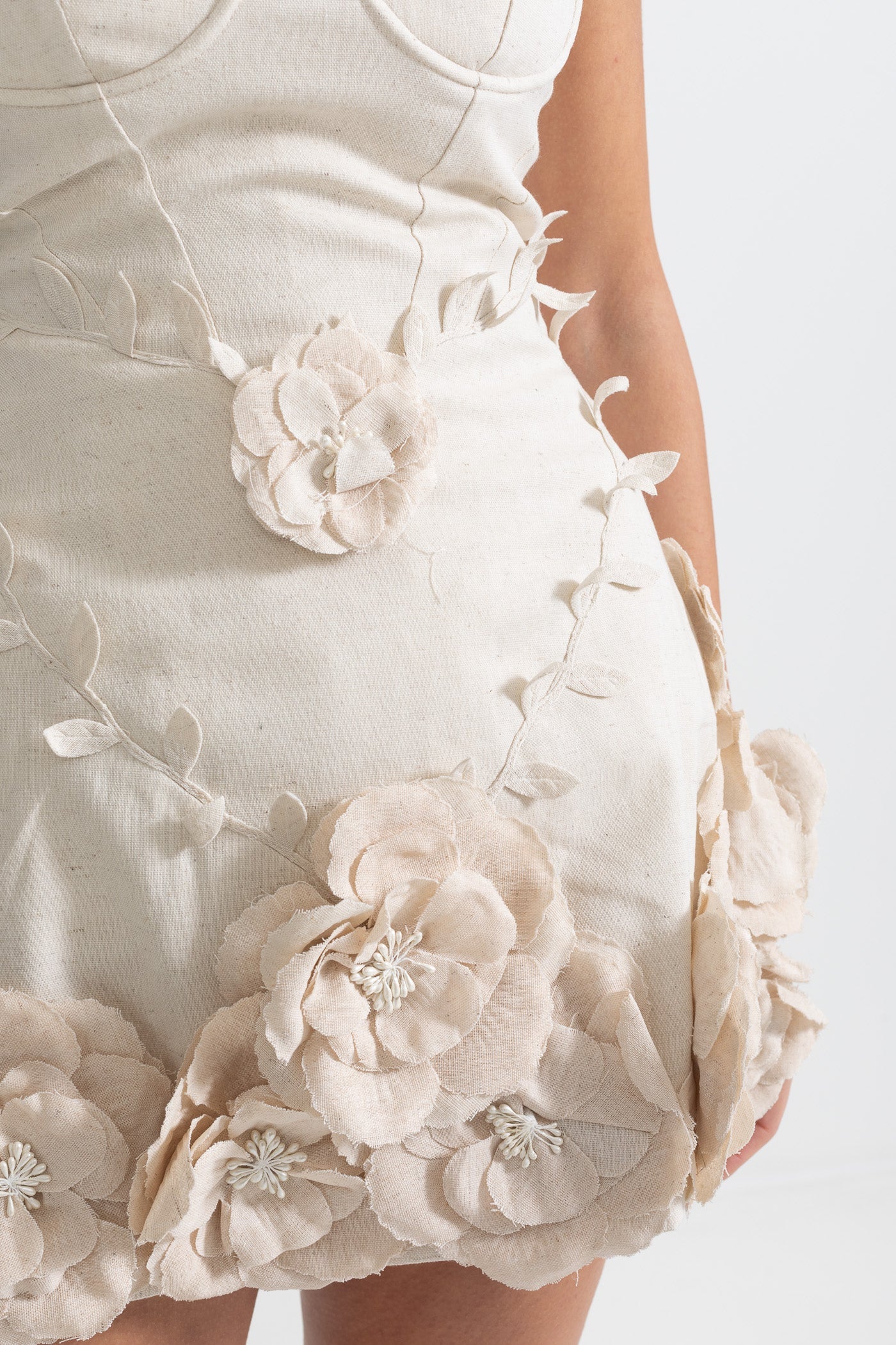 Abito Bustier con Applicazioni Floreali 3D - Ivoire