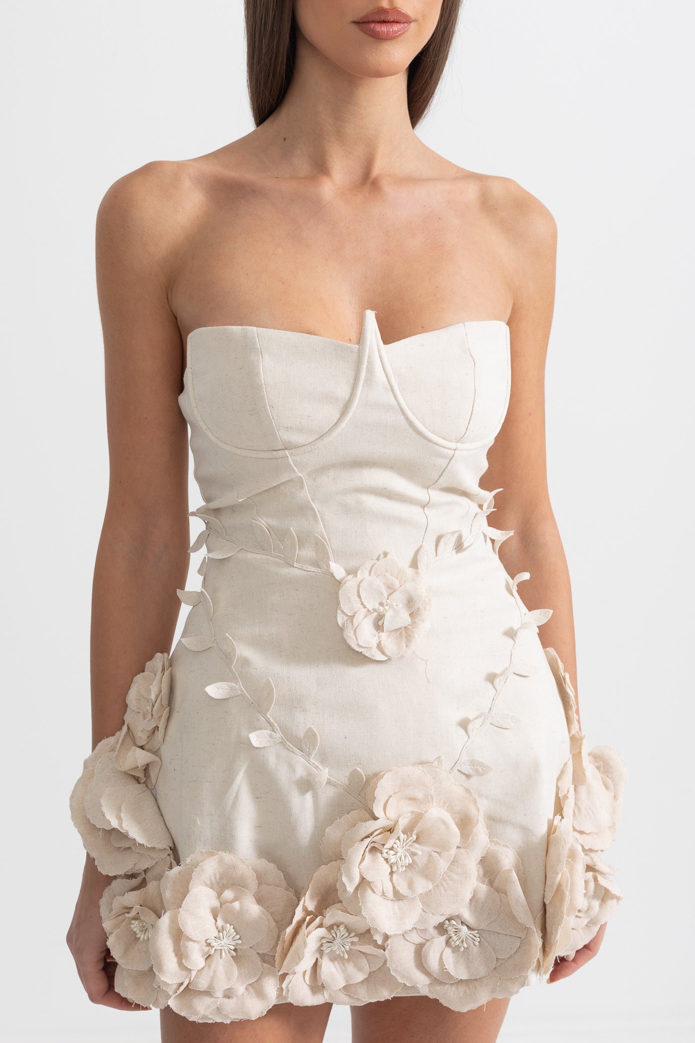 Abito Bustier con Applicazioni Floreali 3D - Ivoire
