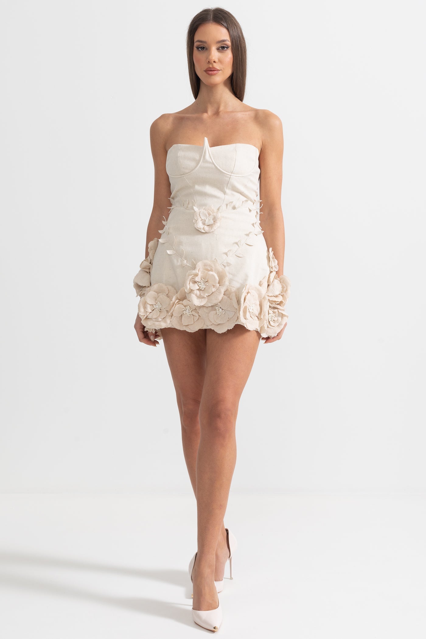 Abito Bustier con Applicazioni Floreali 3D - Ivoire