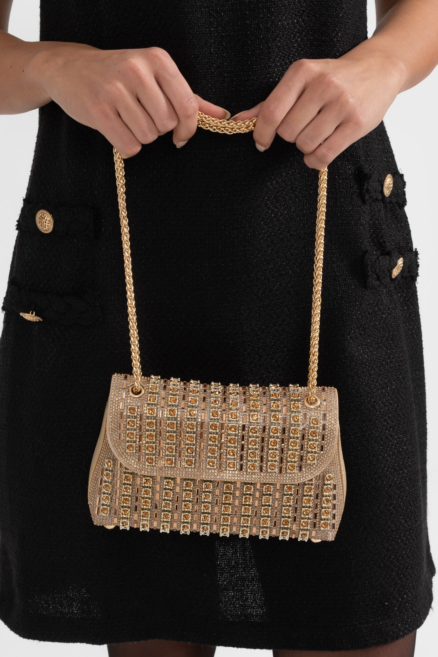 Borsa Intrecciata Scintillante con Raffinate Applicazioni di Rhinestones - Oro
