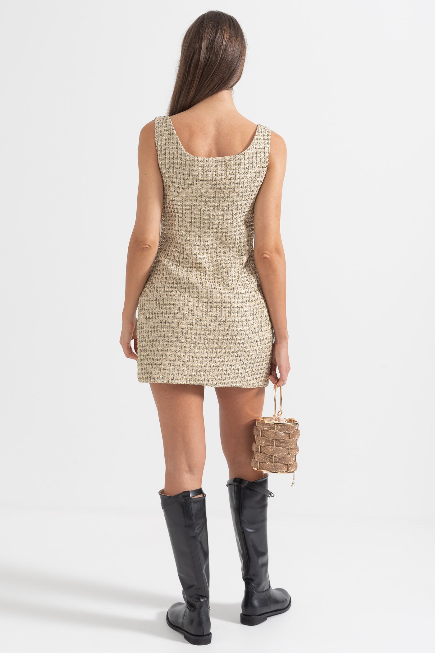 Mini Abito Fantasia con Bottoni Decorativi Dorati - Oro