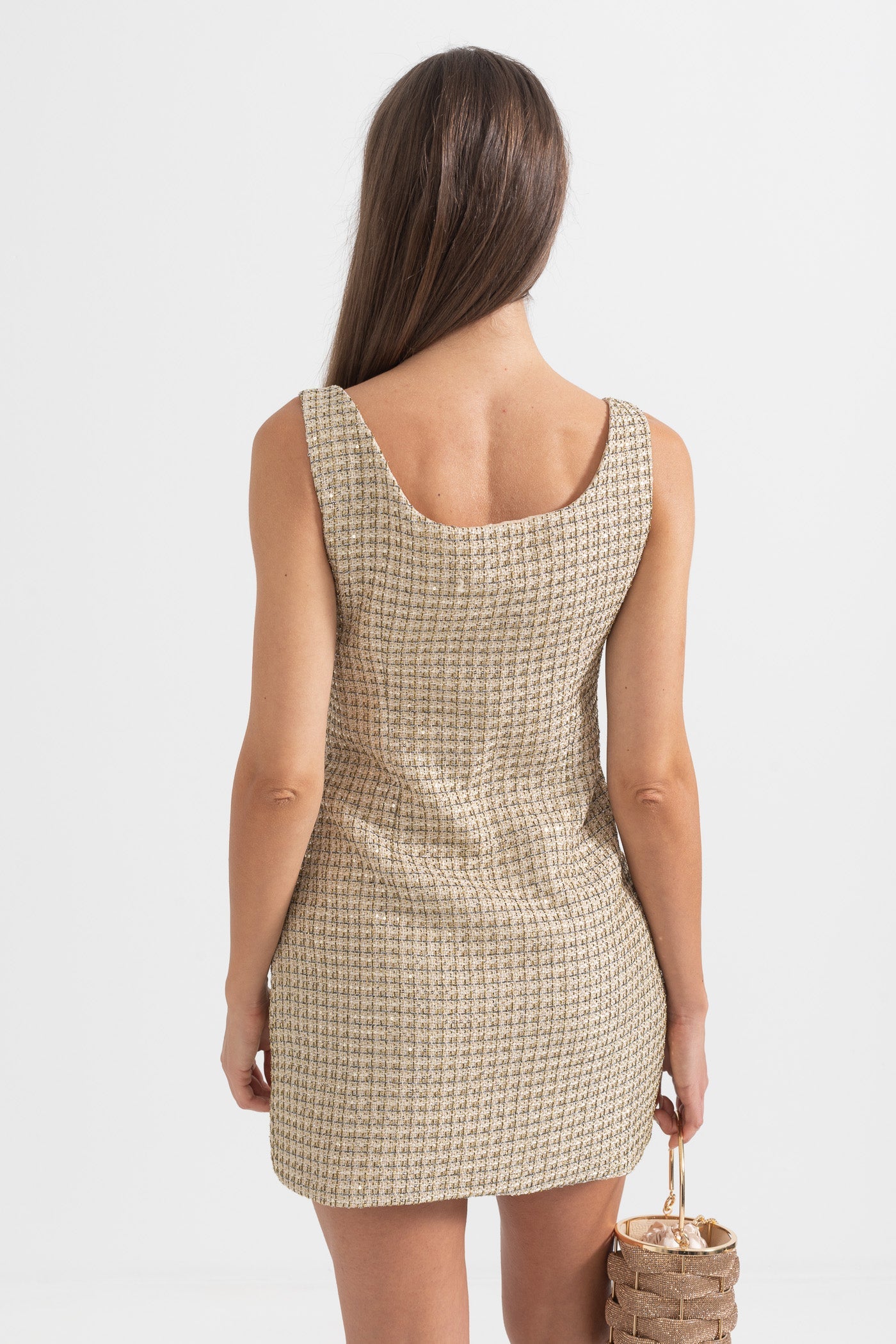 Mini Abito Fantasia con Bottoni Decorativi Dorati - Oro