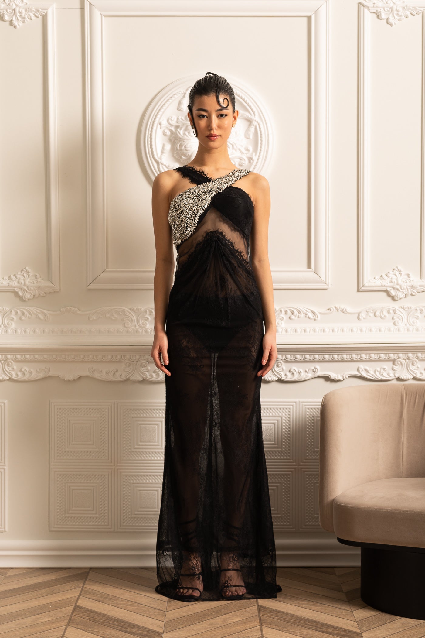 Elegant One-Shoulder Gown With Sheer Lace Cutout And Sparkling Embellishments - Black