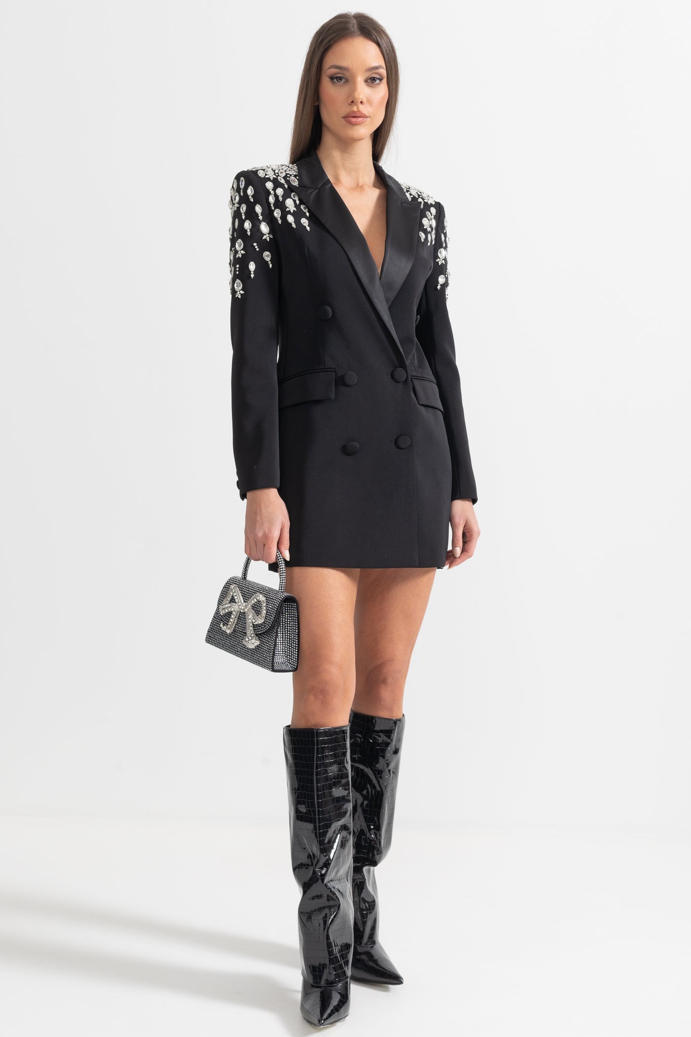 Blazer Elegante con Spalle Decorate da Diamanti - Nero