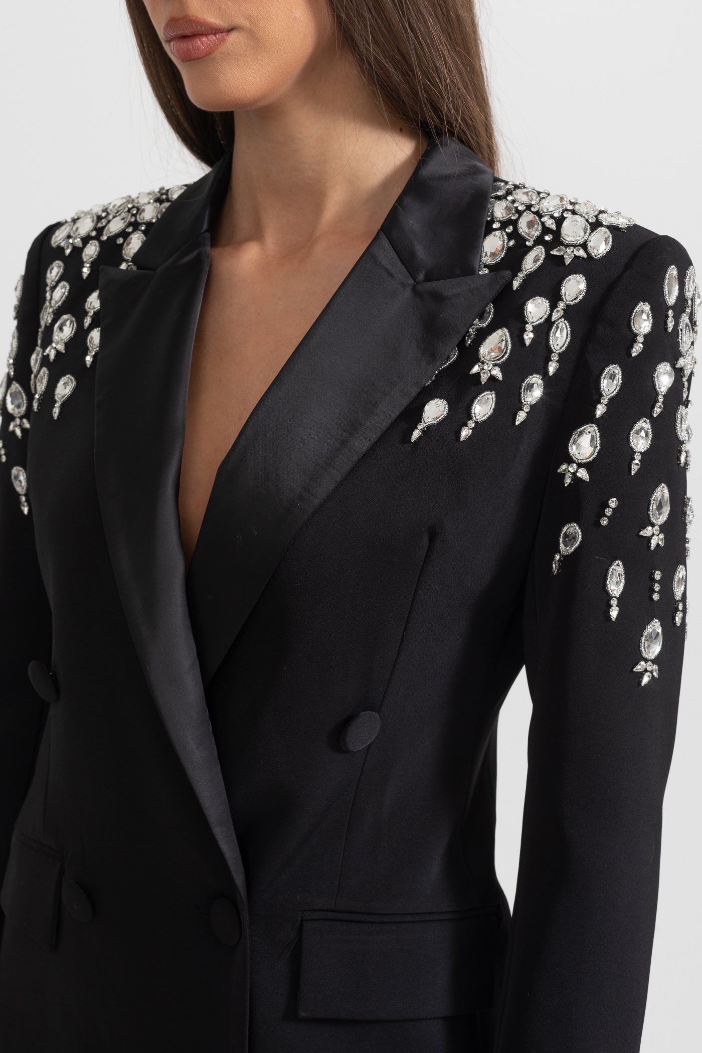 Blazer Elegante con Spalle Decorate da Diamanti - Nero