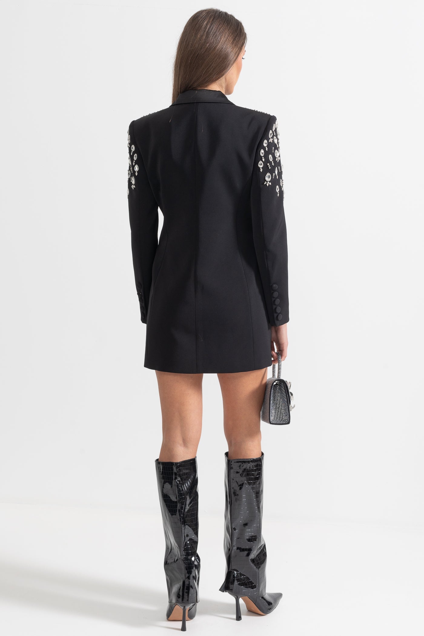 Blazer Elegante con Spalle Decorate da Diamanti - Nero