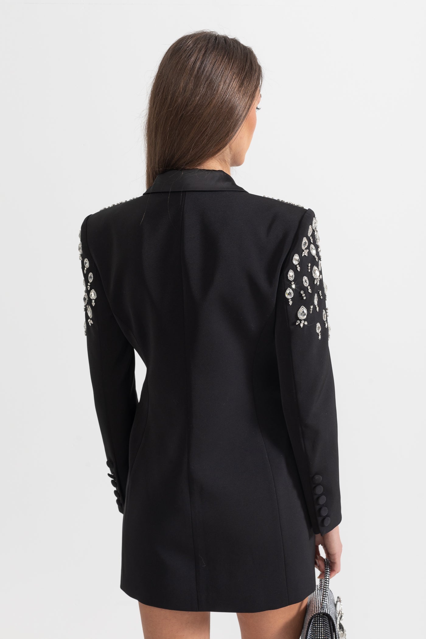 Blazer Elegante con Spalle Decorate da Diamanti - Nero