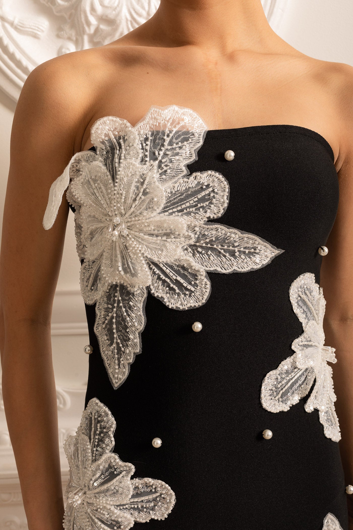 Strapless Mini Dress With Contrasting Lace Flower Embellishments - Black