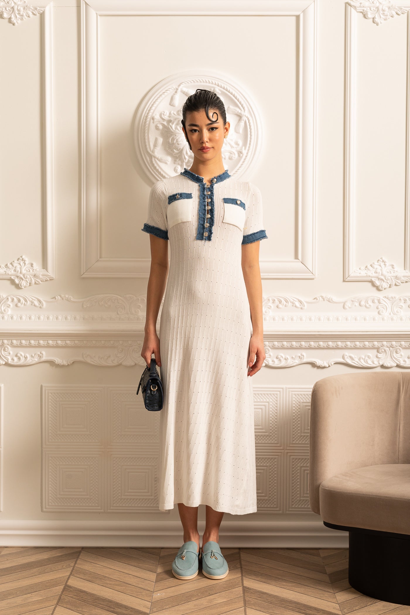 Ribbed Knit Midi Dress - White