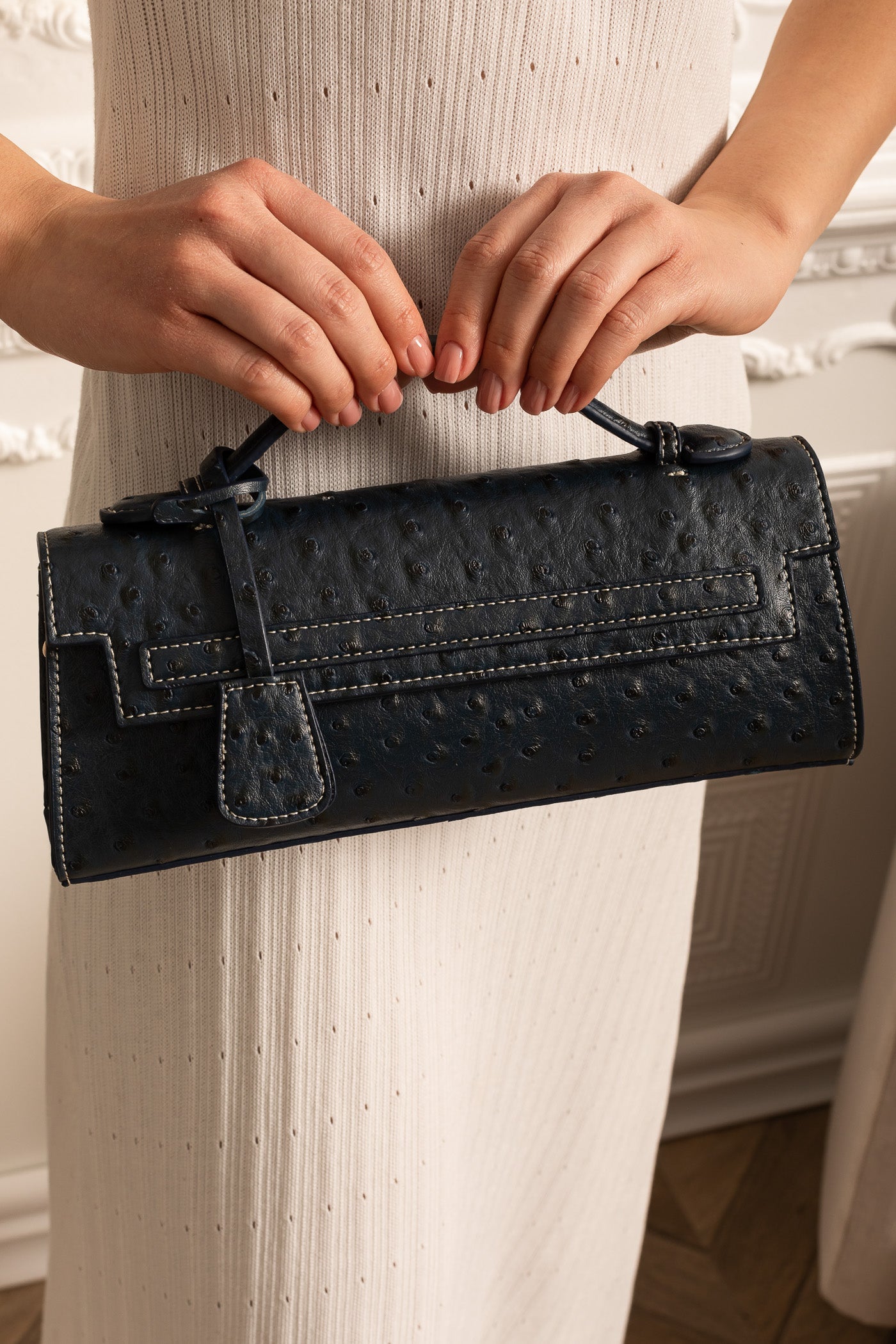 Borsa Rettangolare Raffinata con Motivo a Punti - Blu Scuro