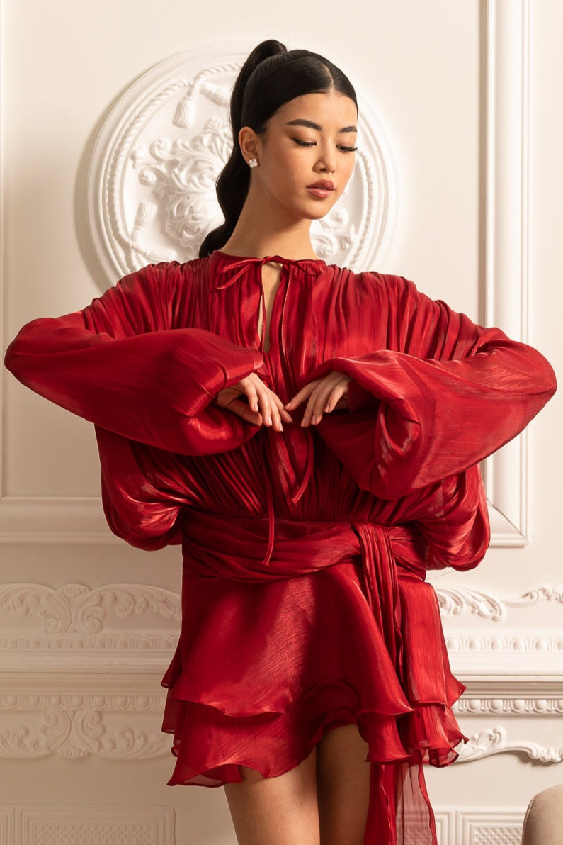 Draped Long-Sleeved Dress with Mini Skirt And Ruched Waistband - Red