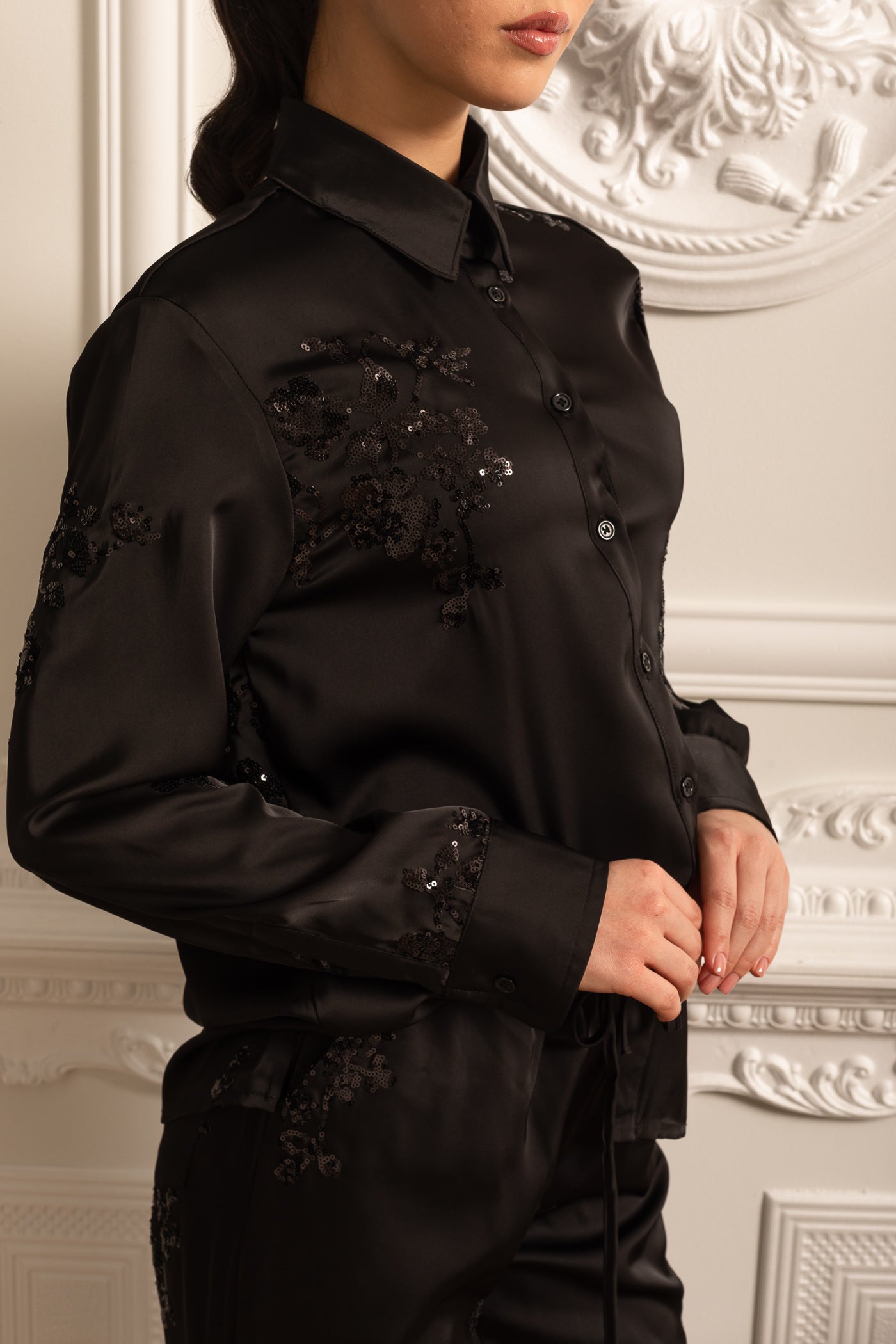 Sequin Embellished Satin Set With Long Sleeved Shirt And Coordinated Pants - Black