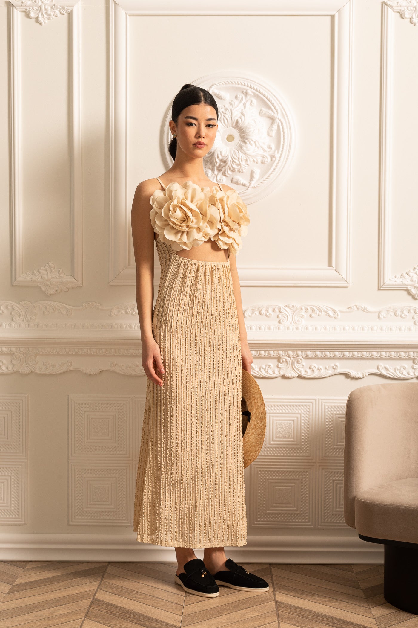 Exotic Dress With Oversized Floral Chest Embellishments - Beige