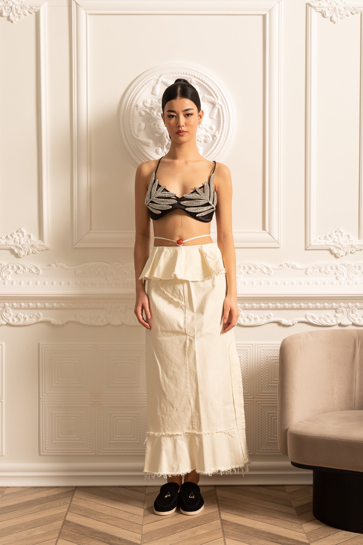 High-Waisted Skirt With Ruffled Top And Frayed Hem - Ivoire