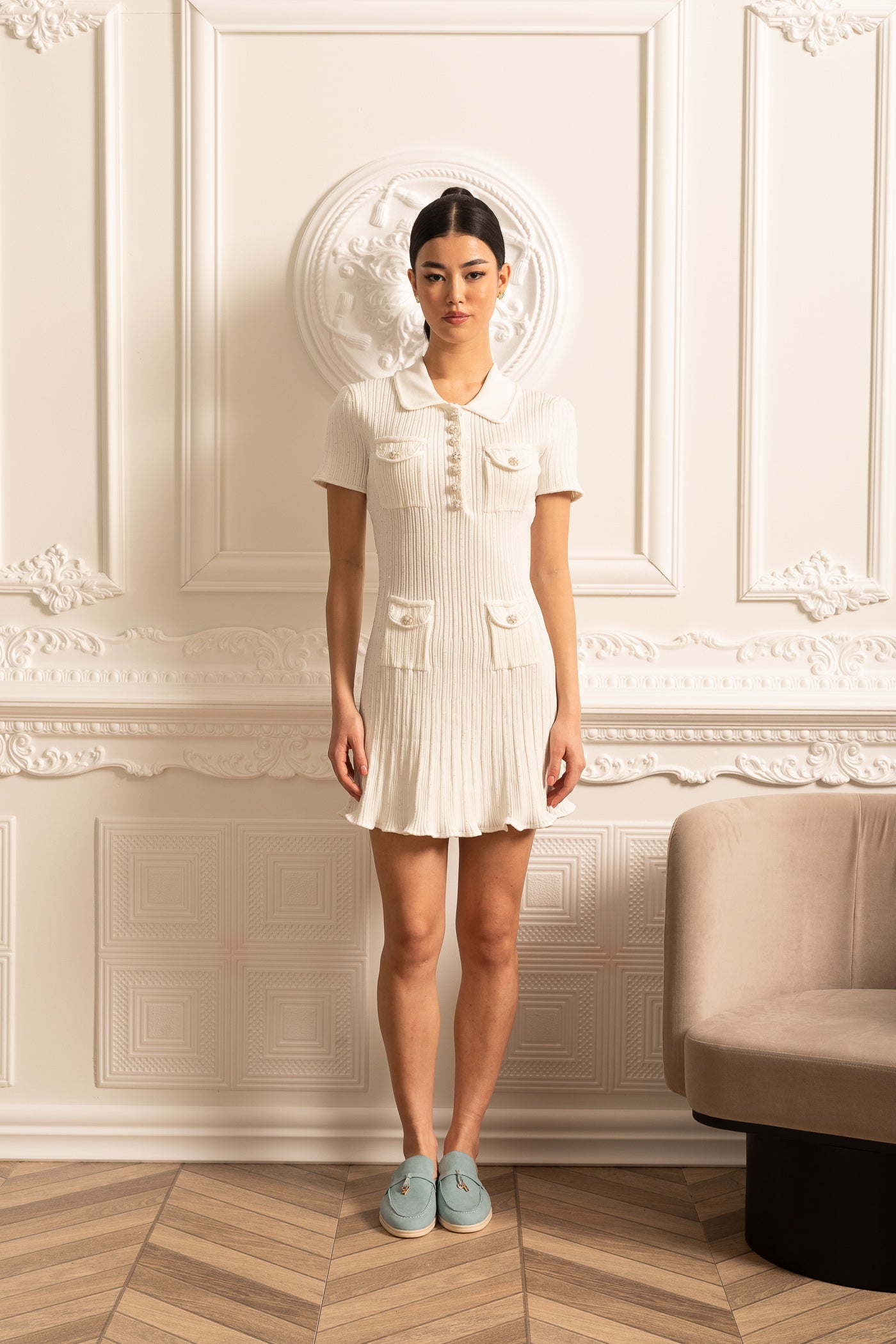 Abito a Clessidra con Maniche Corte e Motivo Diamante - Bianco