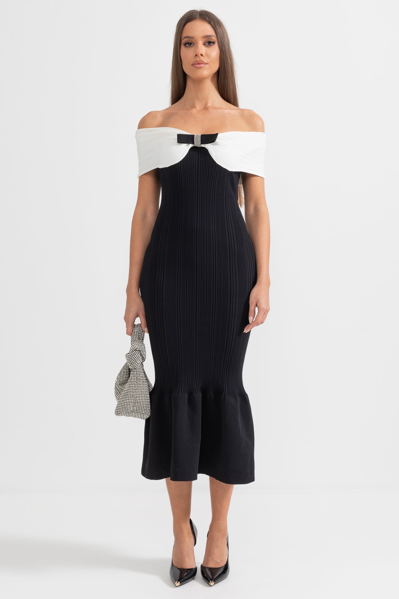 Abito Midi con Fiocco in Stile Sirena Raffinato - Nero