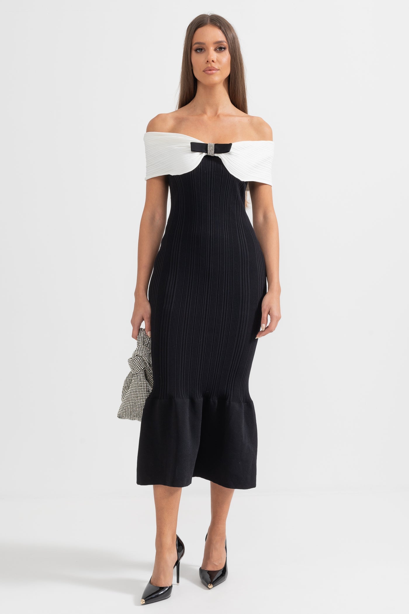 Abito Midi con Fiocco in Stile Sirena Raffinato - Nero