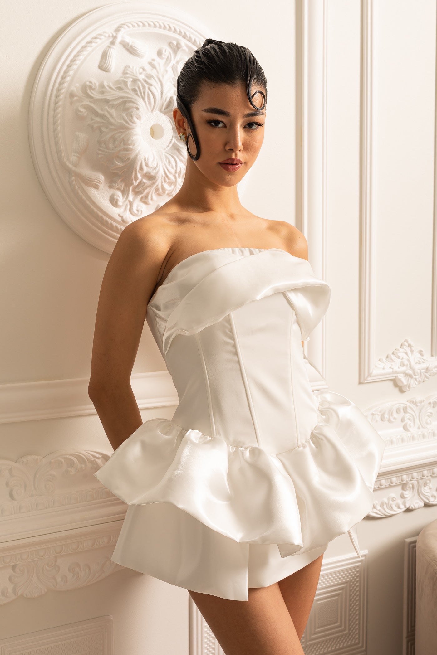 Mini Satin Dress With Fitted Bodice And Ruffled Skirt - White