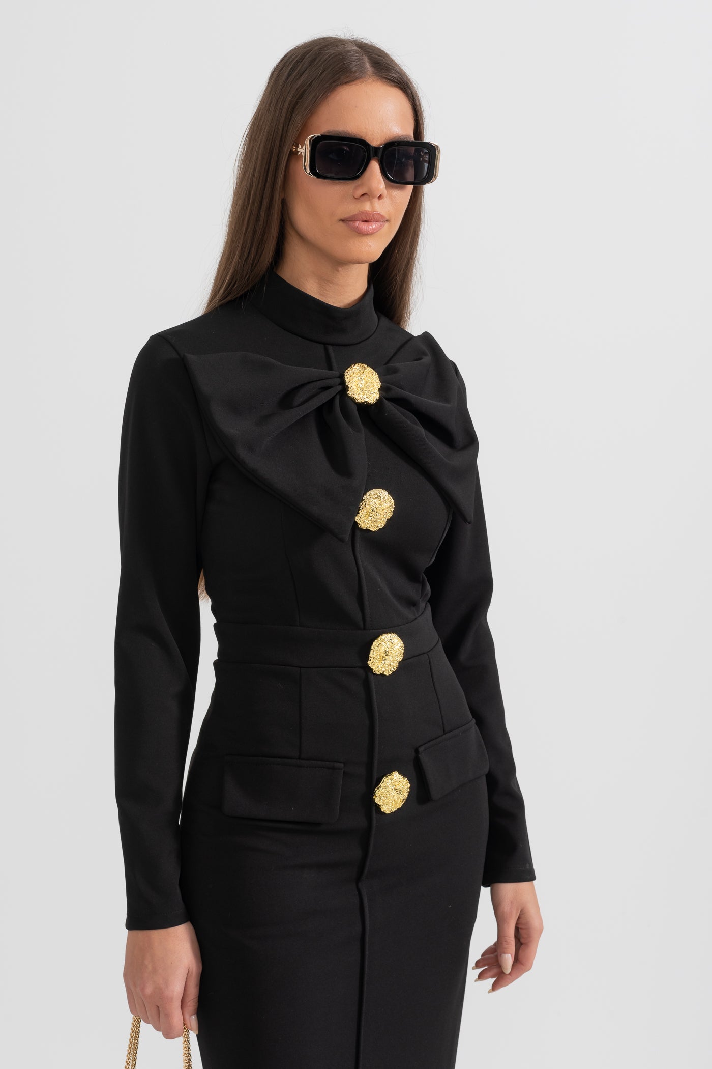 Abito Elegante a Colletto con Fiocco e Maniche Lunghe - Nero