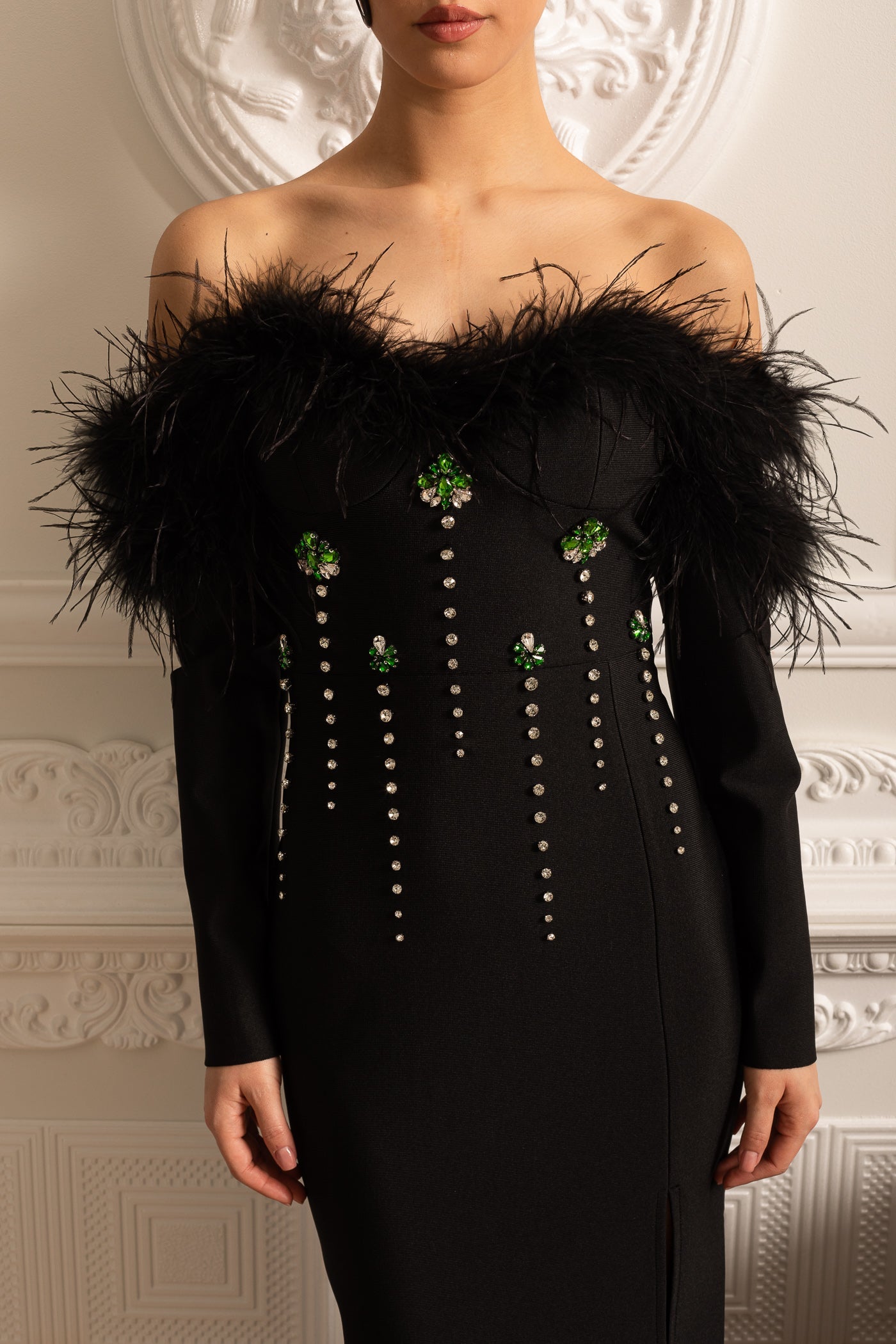Feather Adorned Dress With Sparkling Embellishments And High-Side Slit - Black