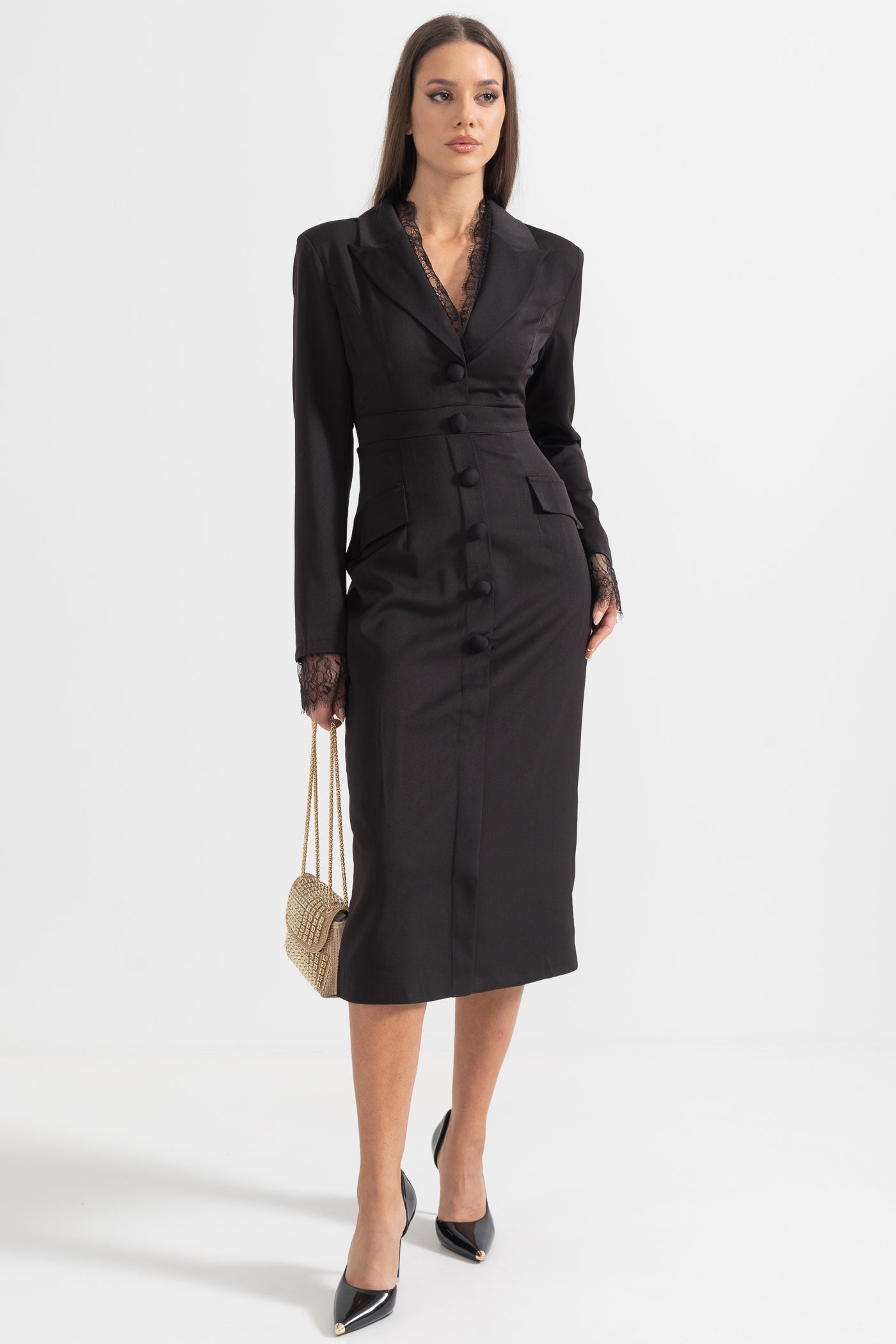 Abito Elegante Con Bottoni e Dettagli in Pizzo - Nero