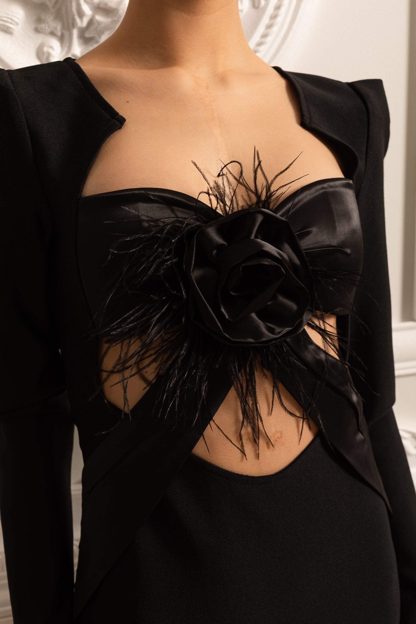 Elegant Long Sleeved Dress With Structured Shoulders And Front Cutout - Black