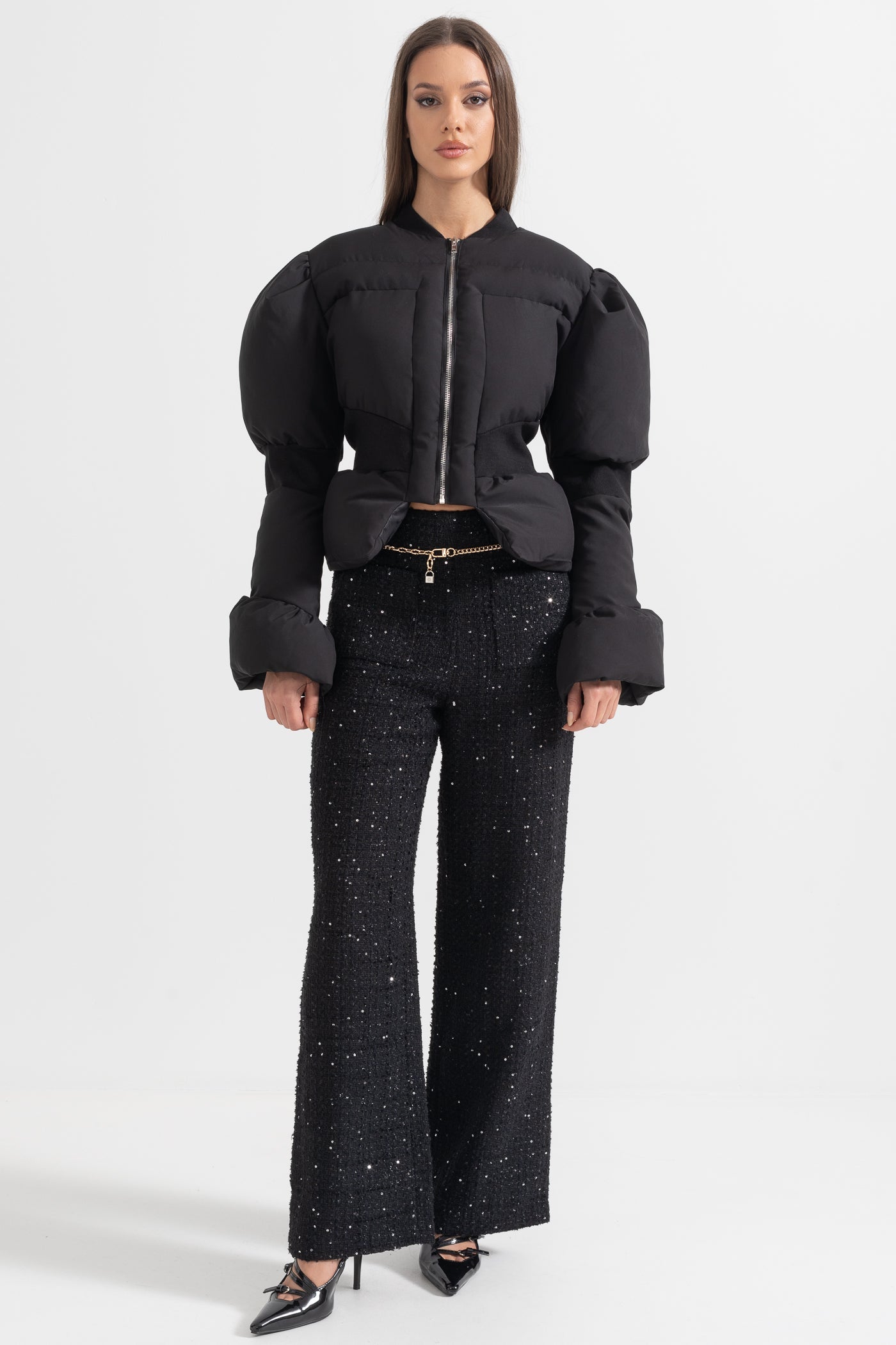 Giacca Puffer Corta con Vita Sagomata - Nero