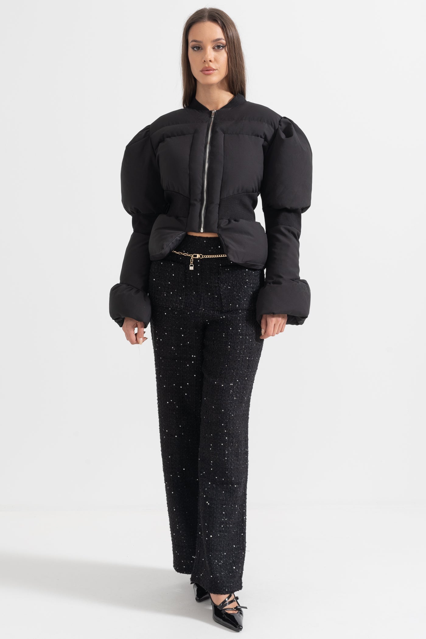 Giacca Puffer Corta con Vita Sagomata - Nero