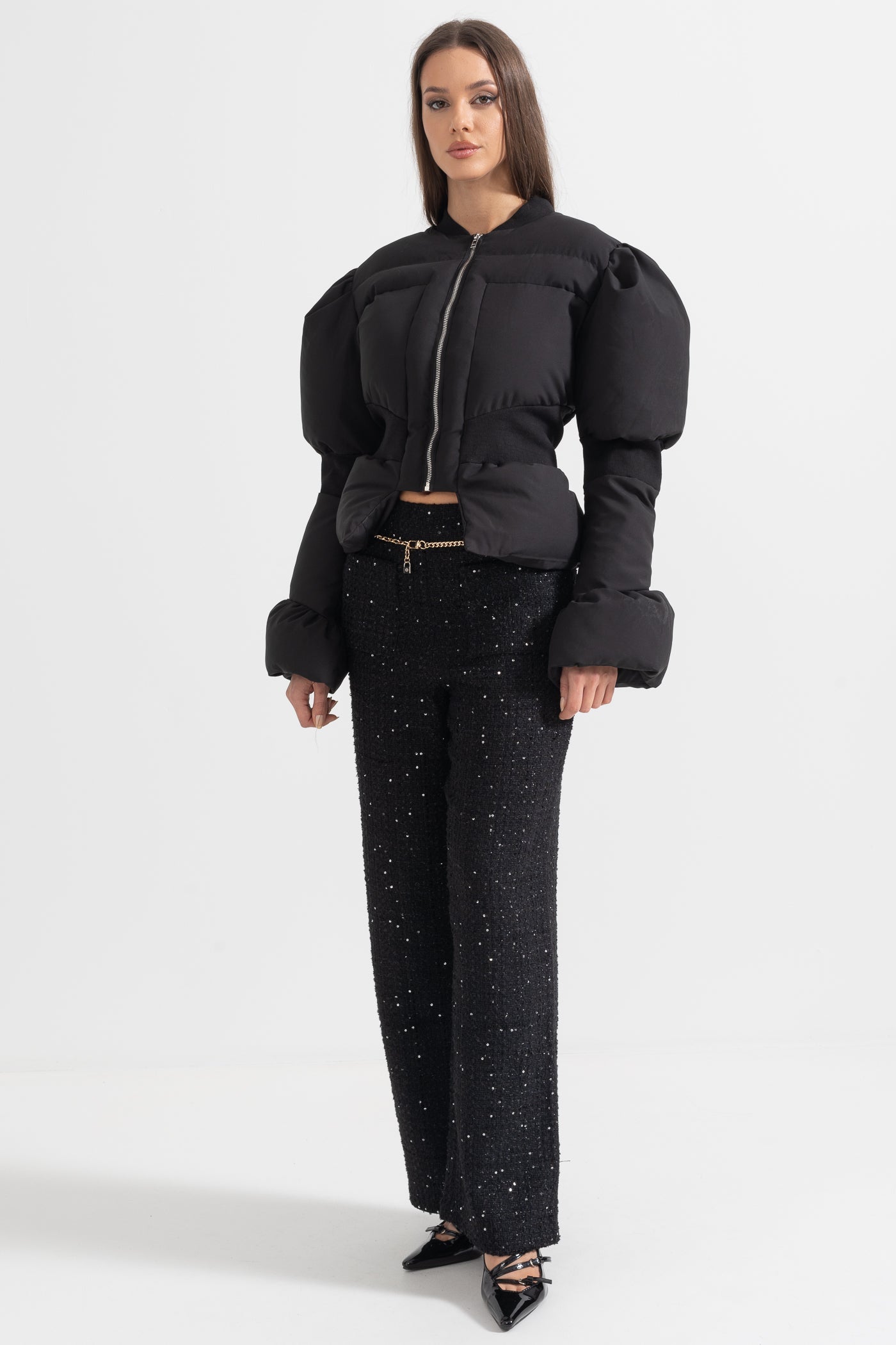 Giacca Puffer Corta con Vita Sagomata - Nero