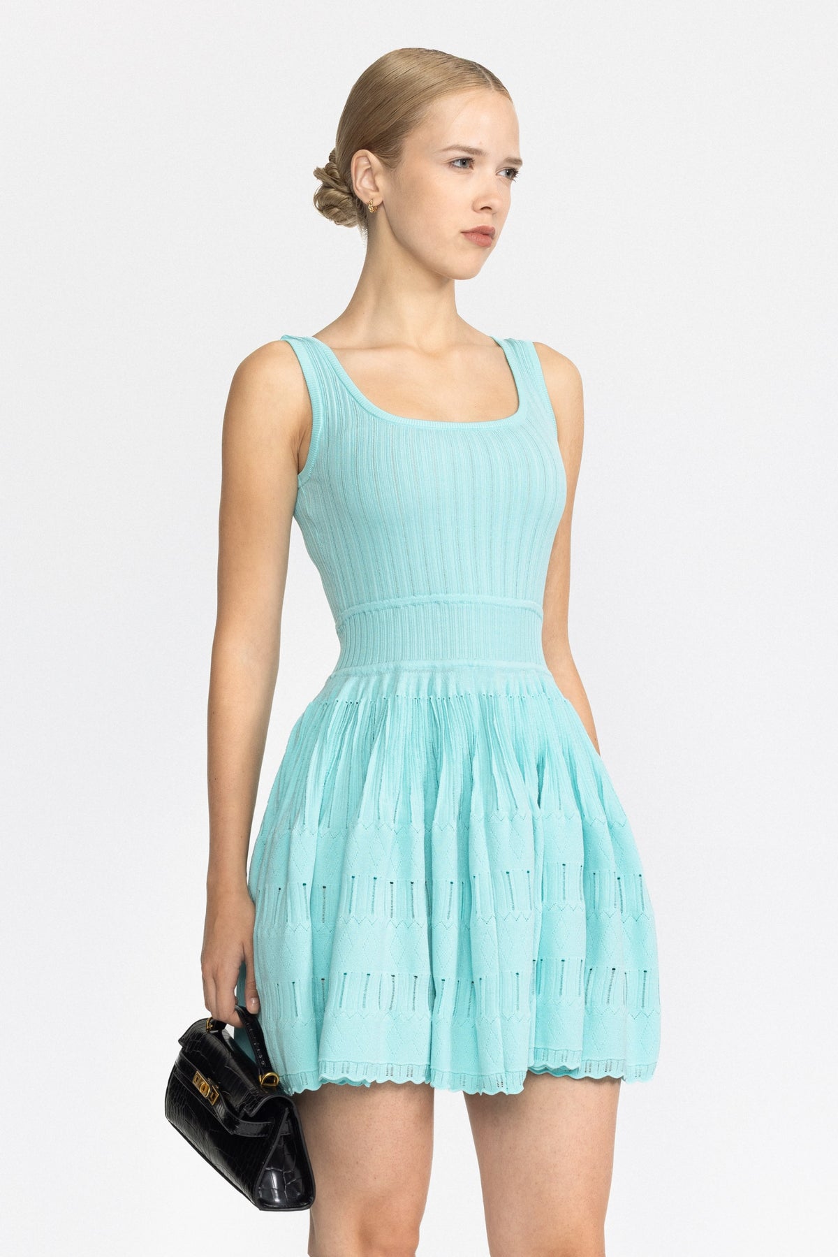Abito mini skater in maglia pointelle - Menta