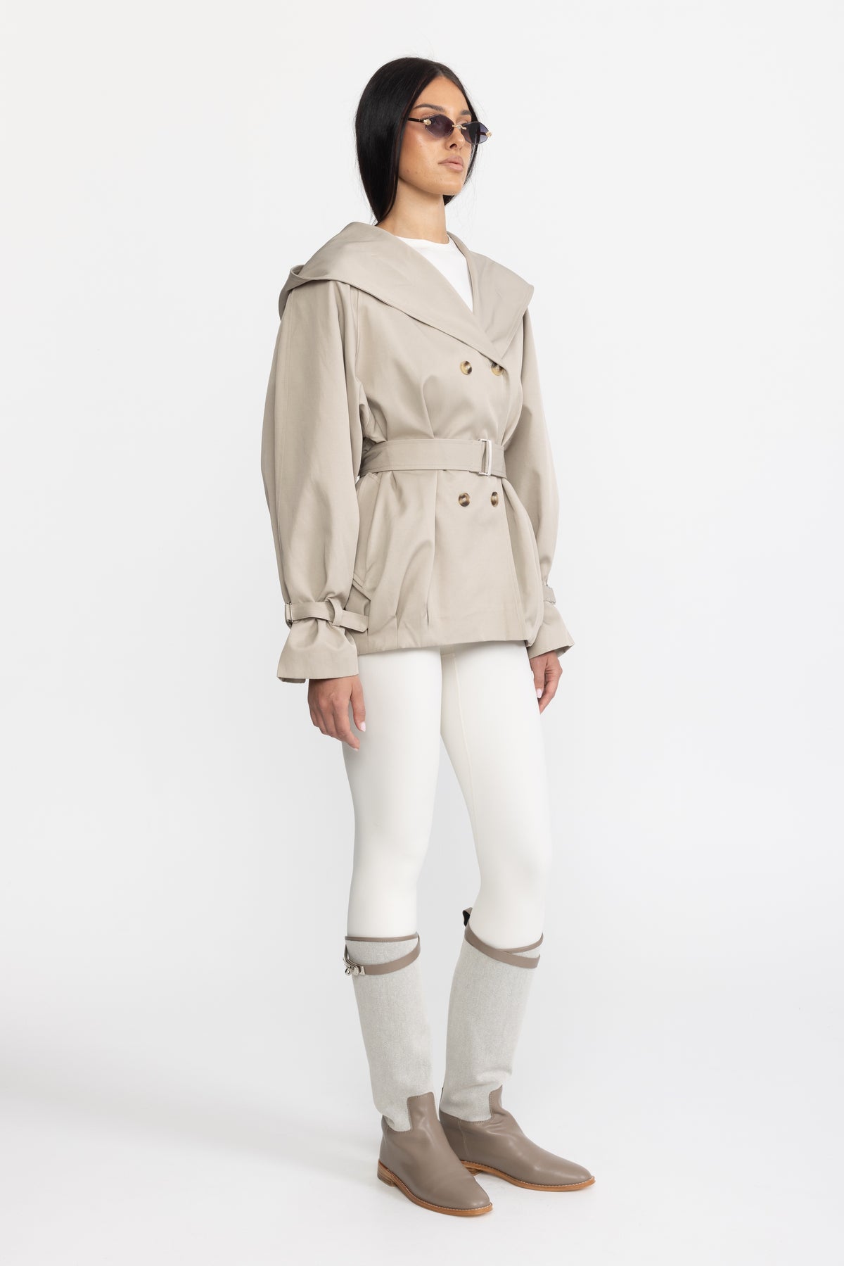 Trench jacket doppiopetto con cappuccio e cintura - Stone