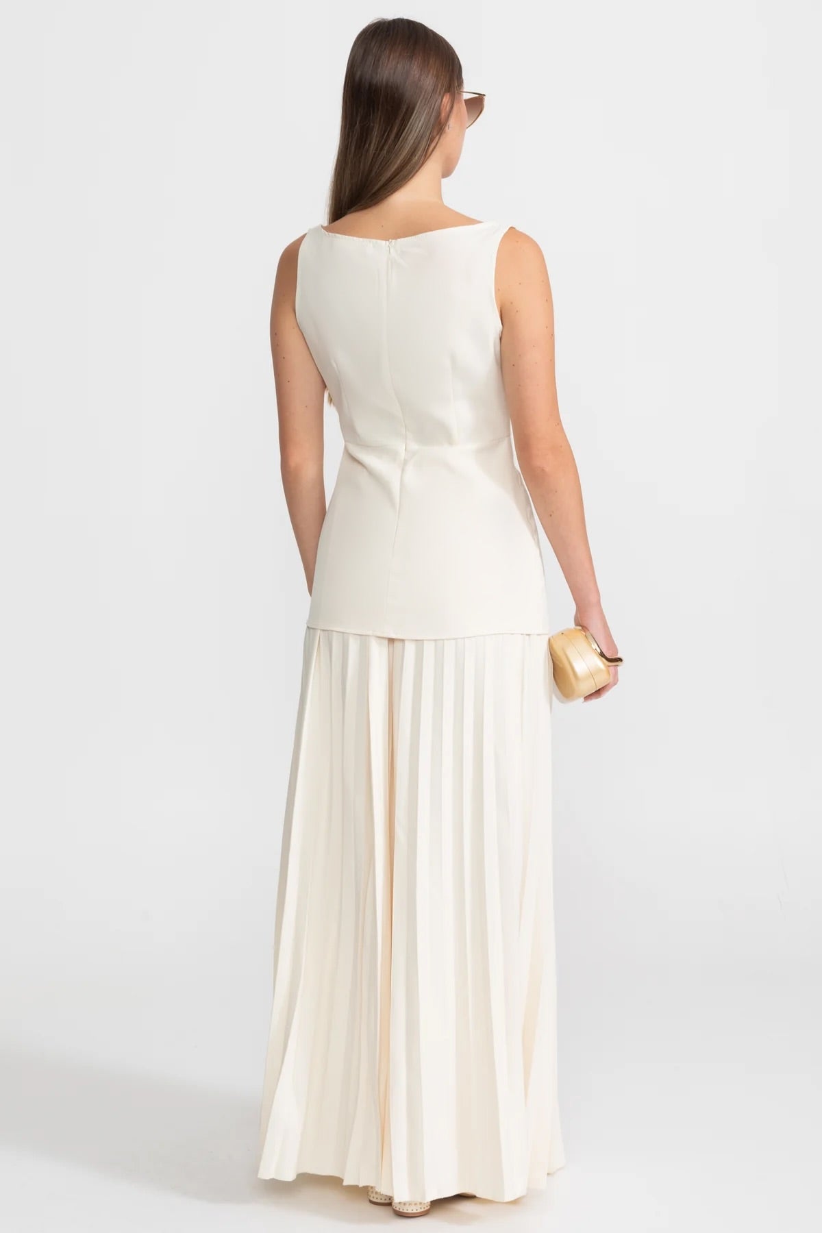 Completo Maxi senza Maniche con Corpino Sartoriale e Gonna Plissettata - Ivoire