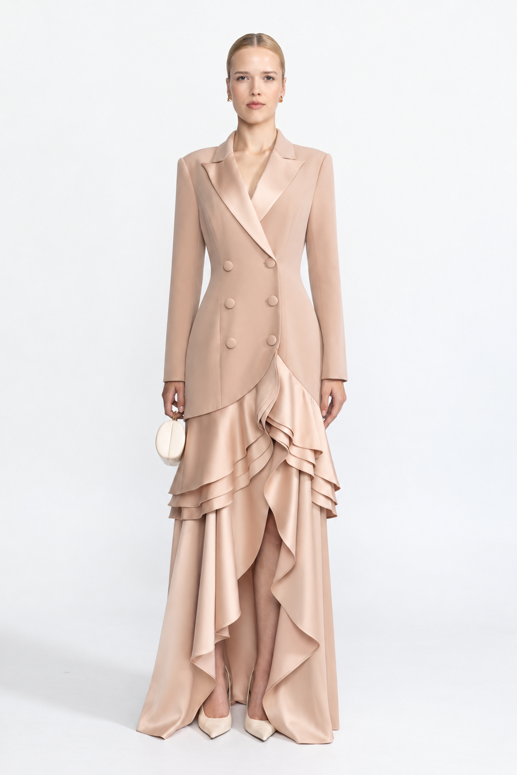 Satin Ruffle Hem Double-Breasted Blazer Maxi Dress - Beige