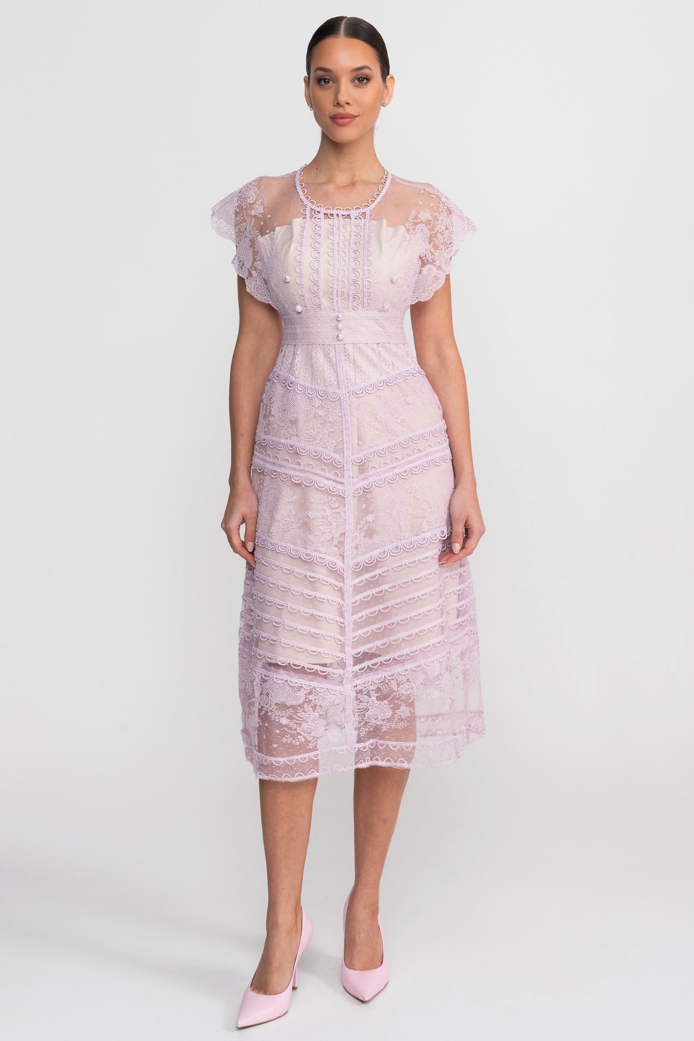 Lace Cap Sleeve Midi Dress With Scalloped Trims And Pearl Button Detail - Lilac