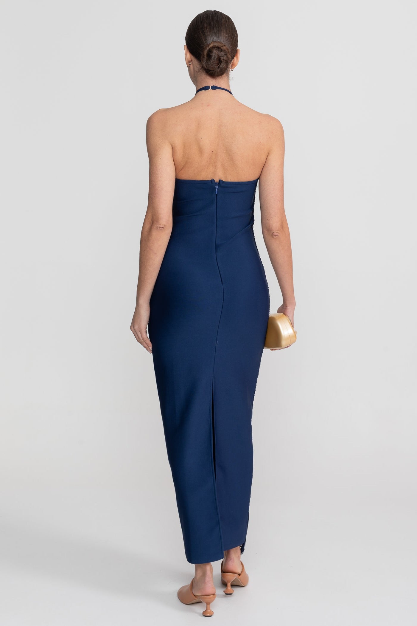 Halter Neck Midi Dress With All-Over Pleated Texture - Blue