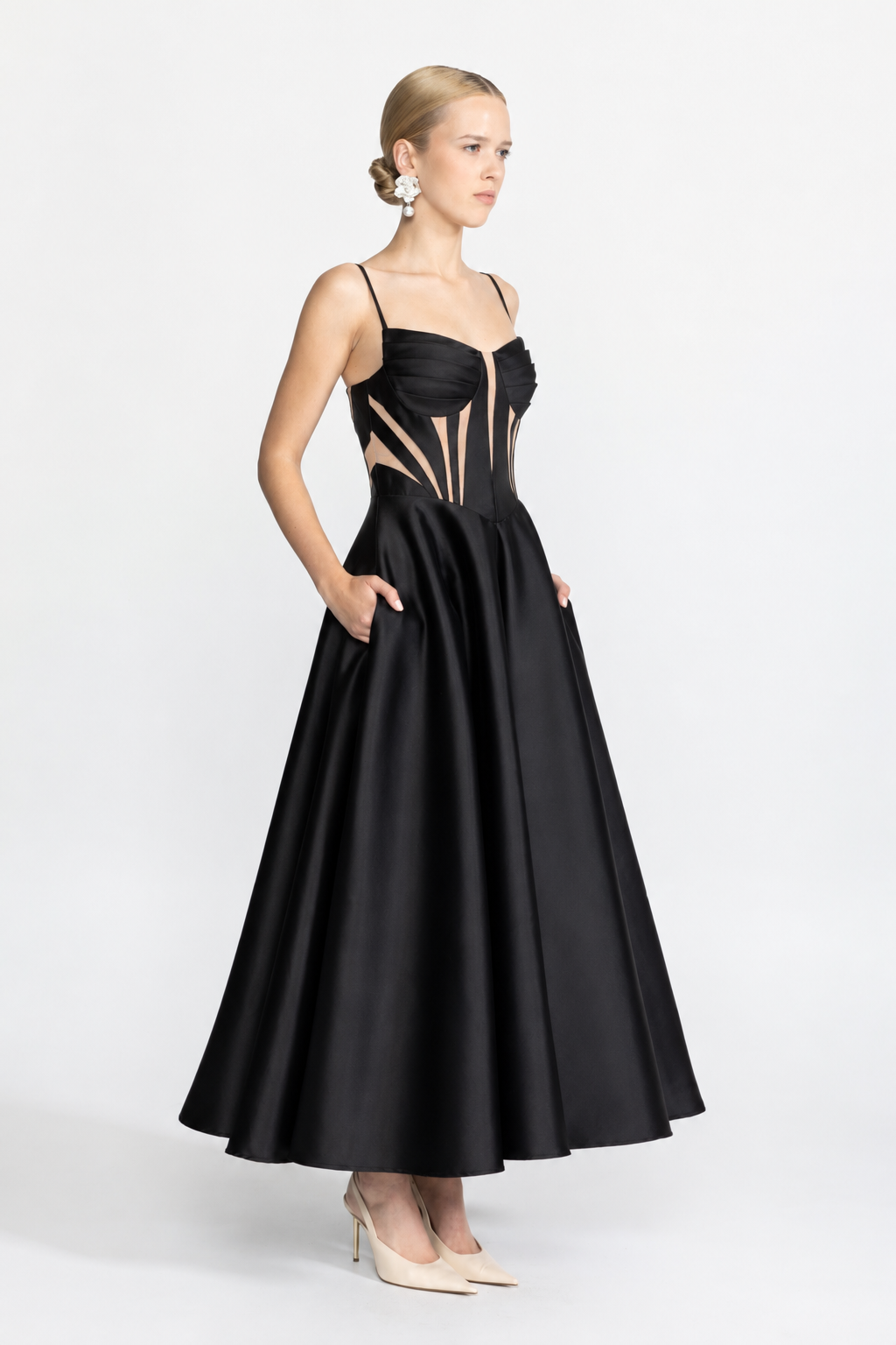 Sheer Panel Satin Corset Midi Dress - Black