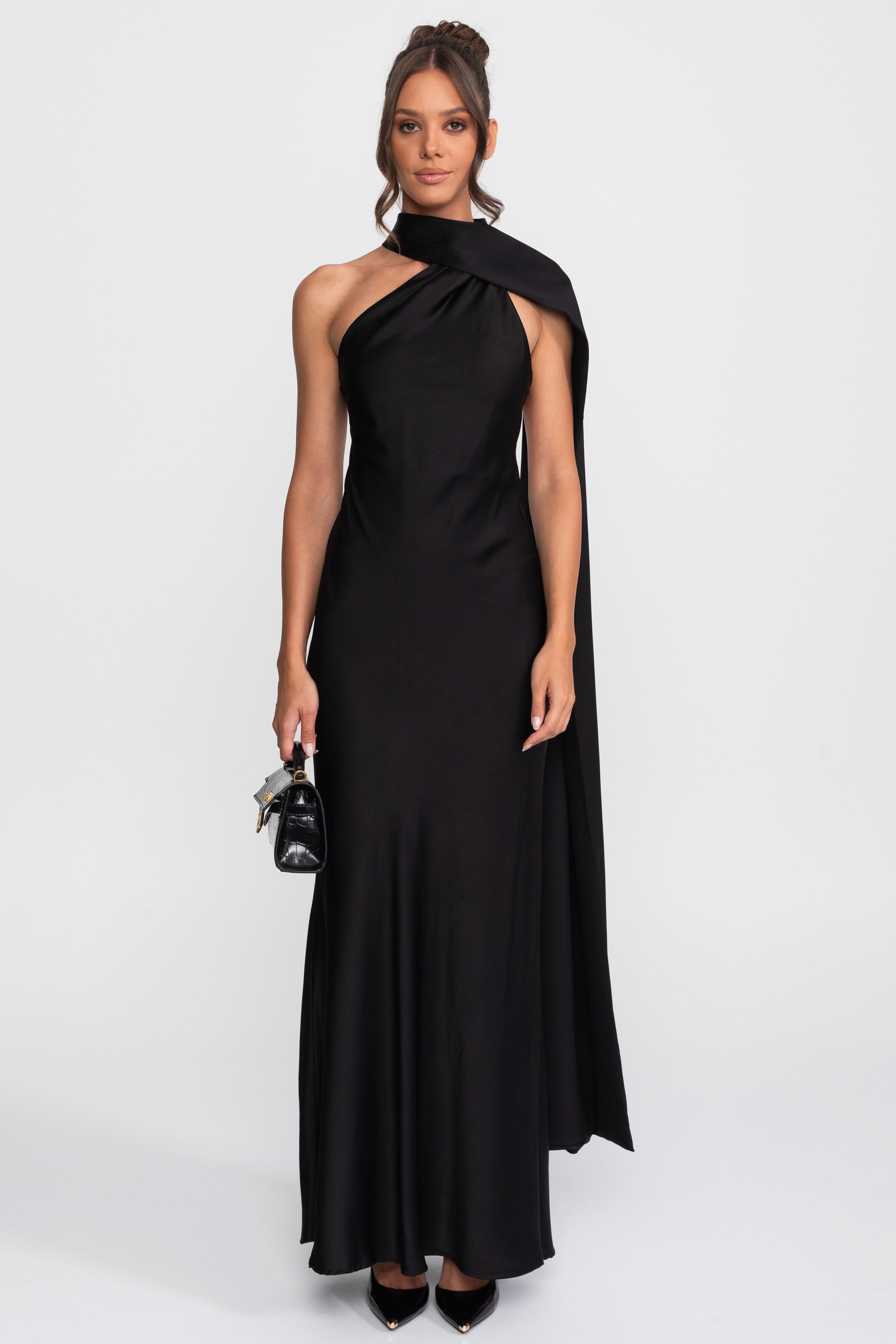 Twist Halter Abito Slip in Satin con Scollatura Asimmetrica - Nero