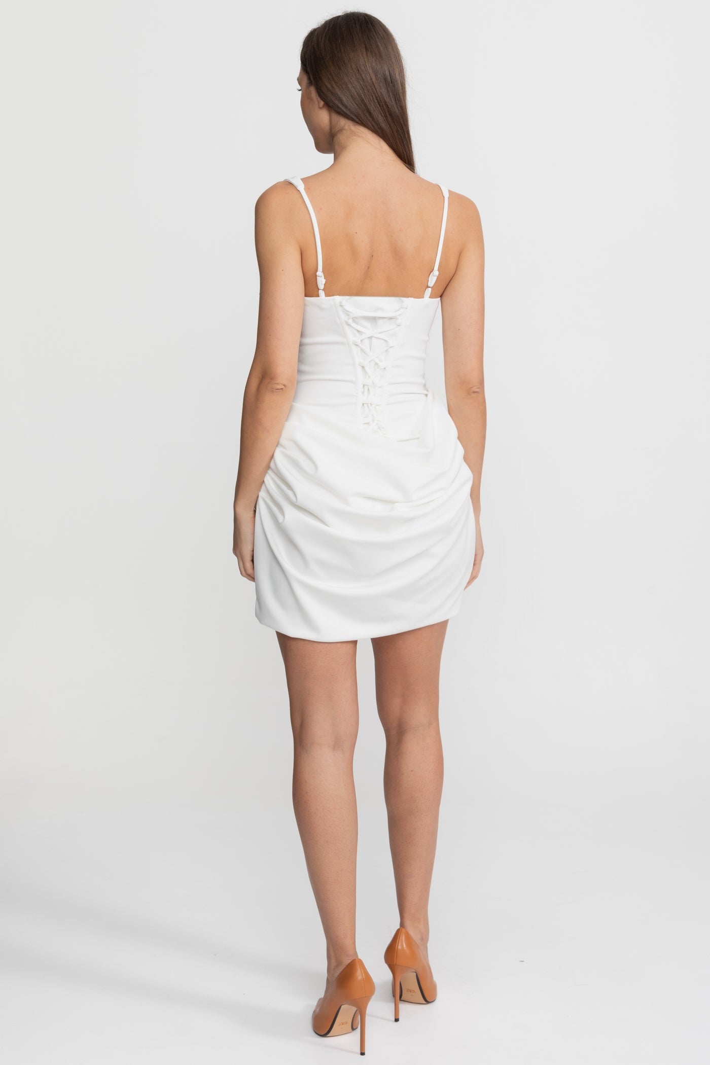 Corset Mini Dress with Ruched Skirt Detail – White