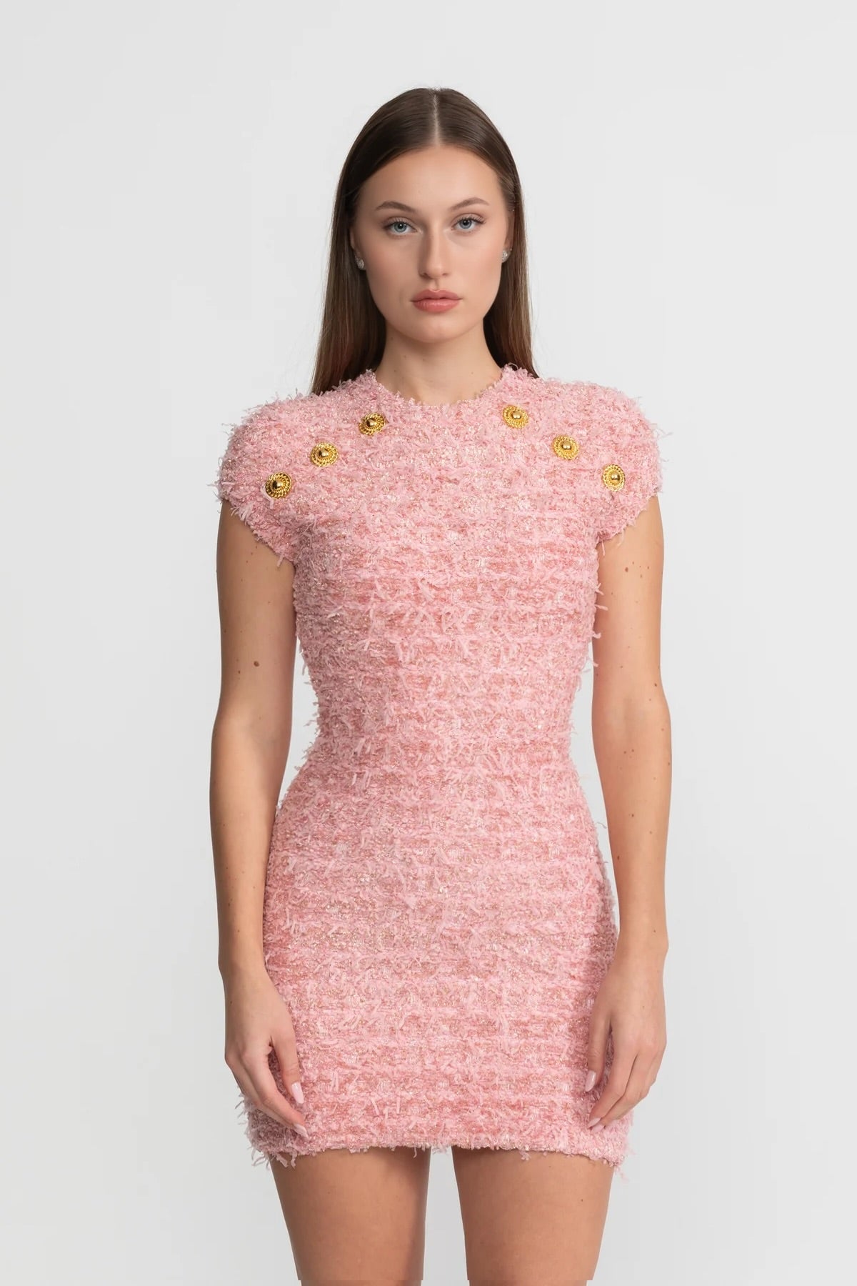 Textured Tweed Mini Dress With Gold Button Embellishments – Pink