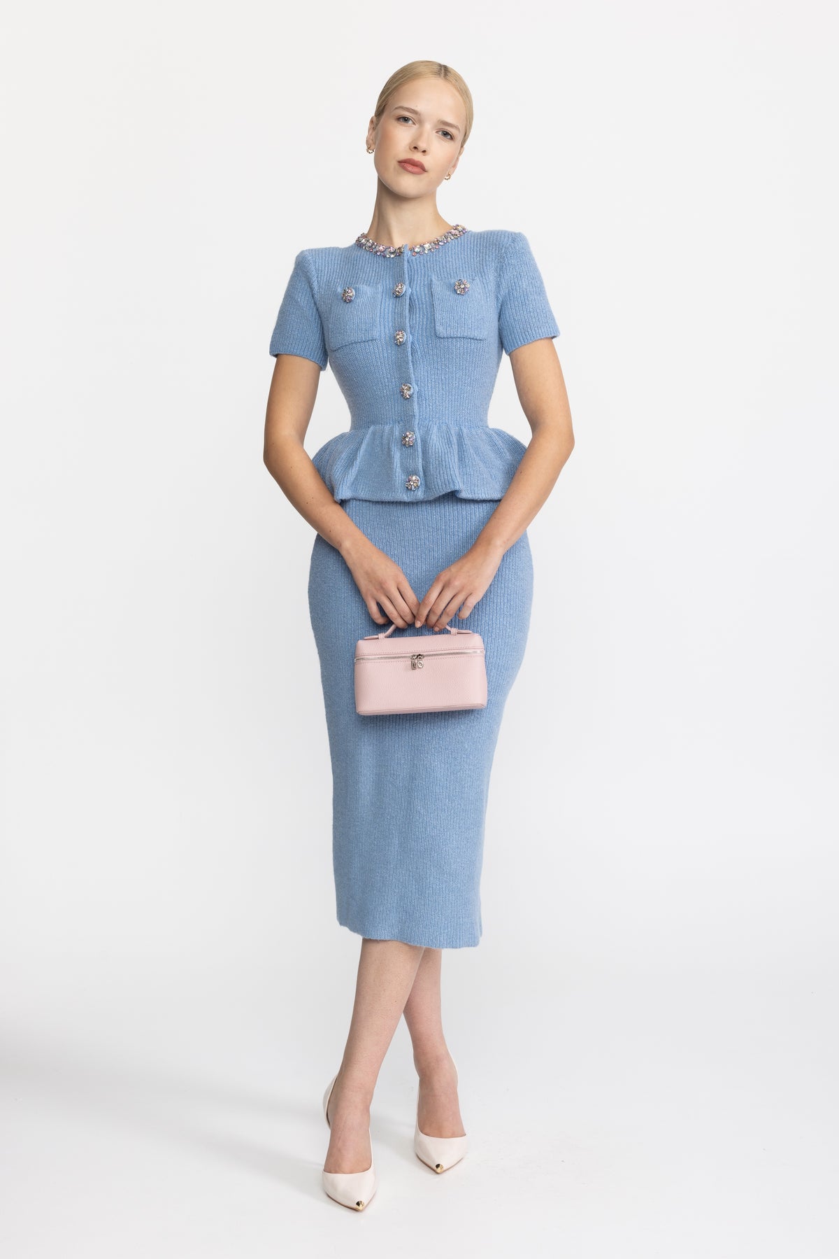Crystal Embellished Knit Peplum Midi Dress - Light Blue