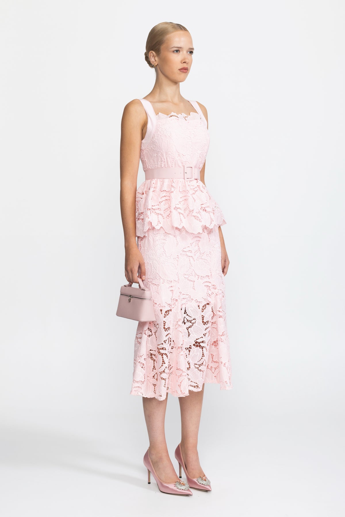 Abito midi peplum in pizzo guipure - Rosa
