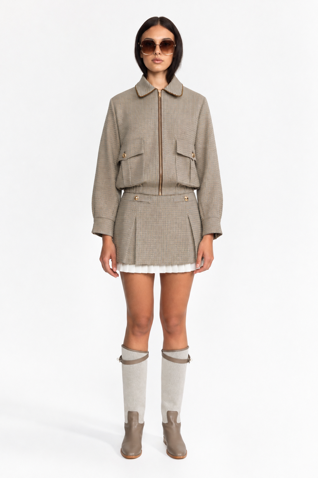 Completo con bomber pied-de-poule e minigonna plissé - Beige