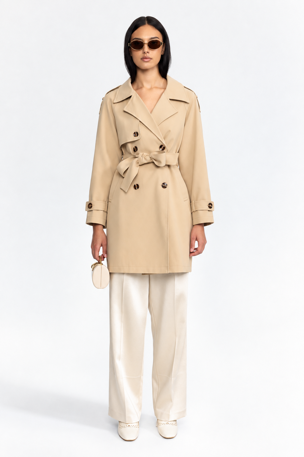 Trench coat con cintura e retro plissettato - Khaki