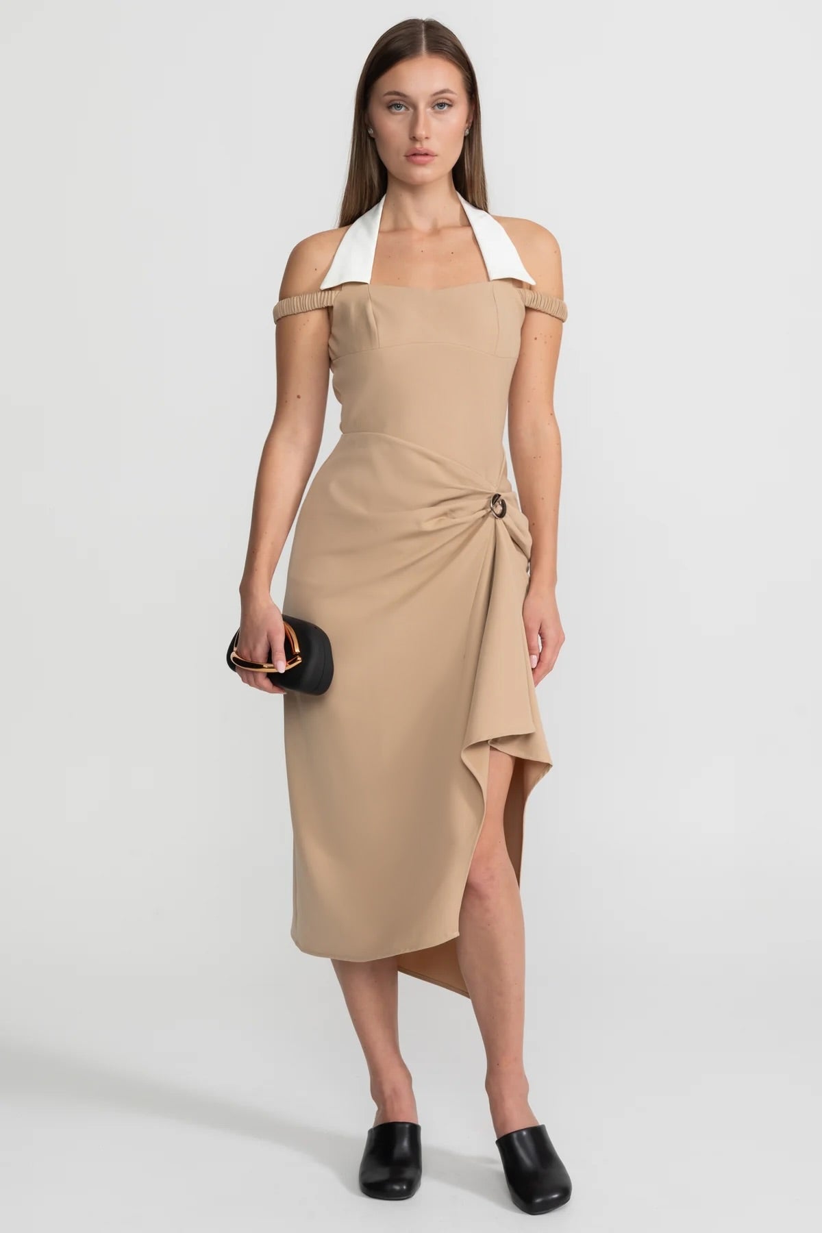 Draped Halter Midi Dress With Asymmetric Drape Detail – Nude