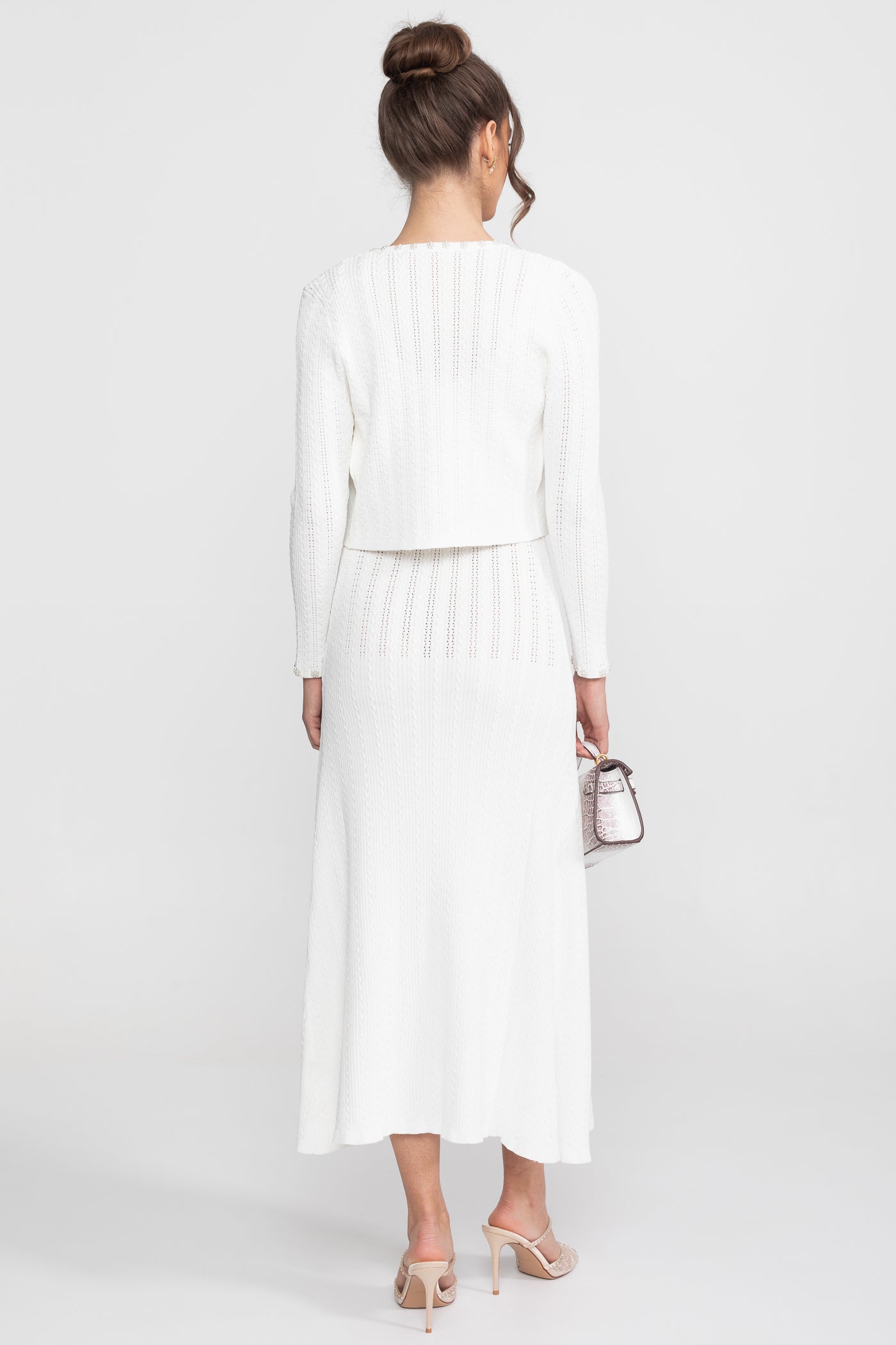Ribbed Knit Dress and Cardigan Set With Pearl Button Detailing - White