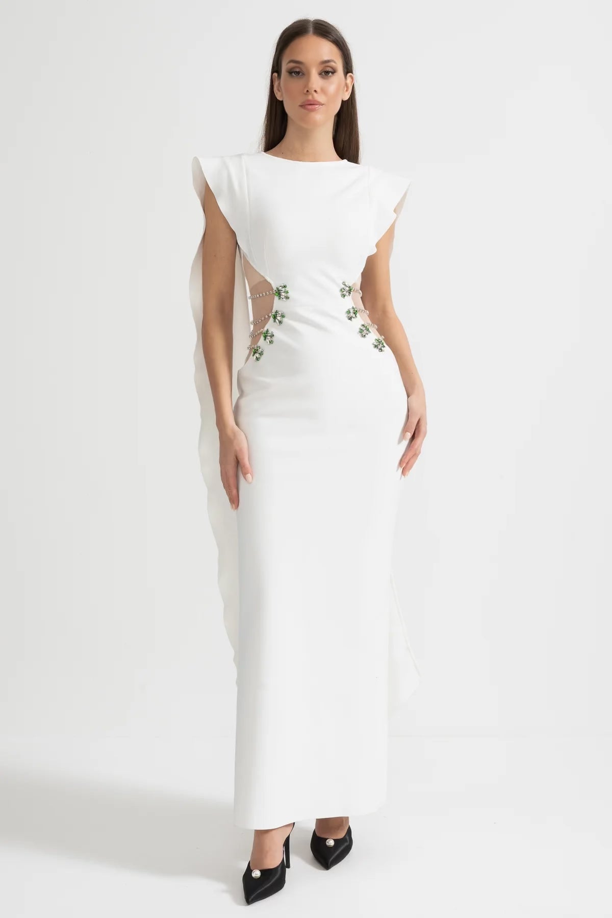 Embellished Cut-Out Maxi Dress with Statement Side Detailing - White