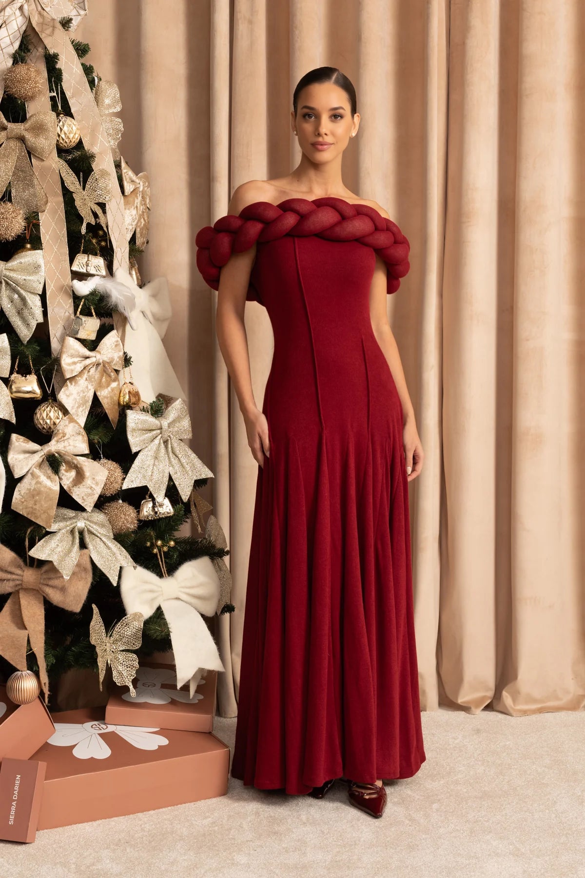Off-Shoulder Braided Neckline Maxi Dress – Deep Red