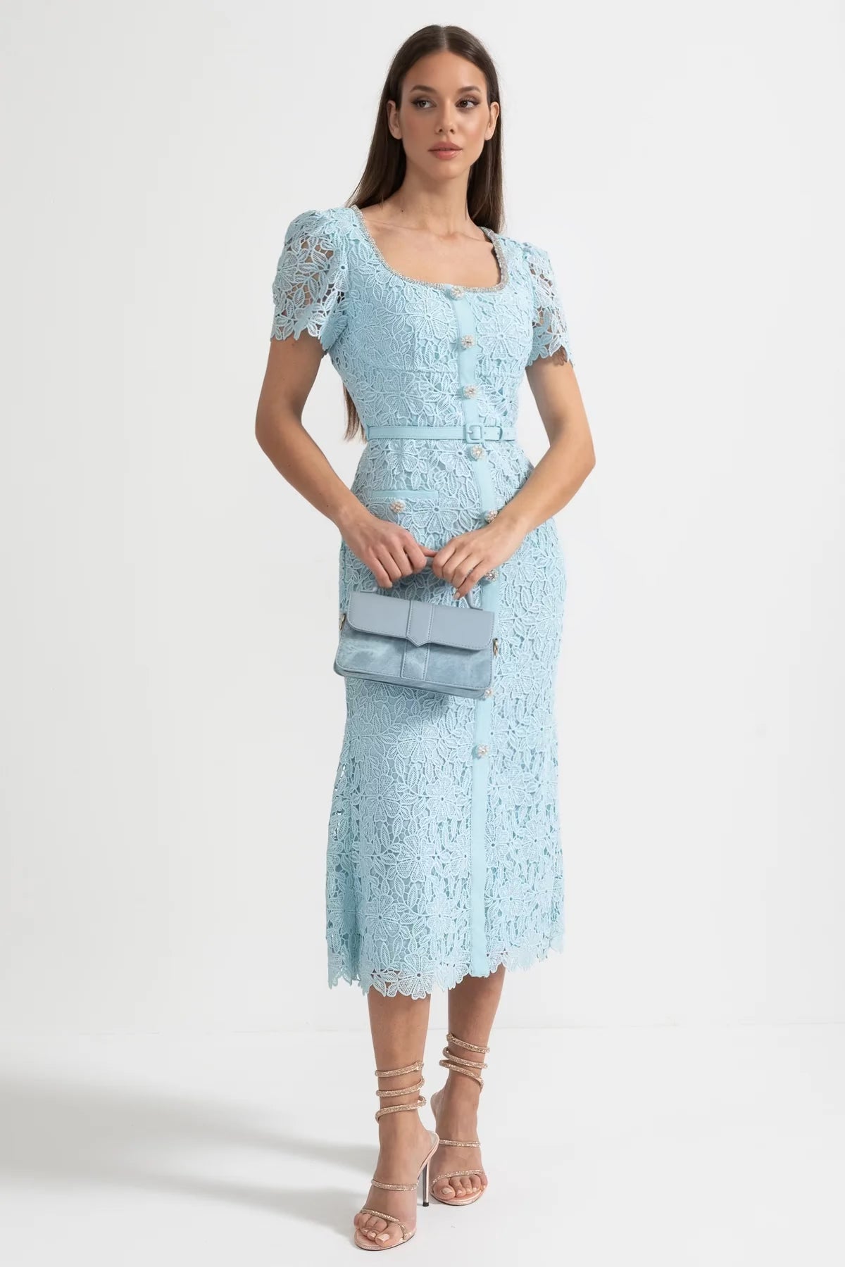 Delicate Azure Lace Midi Dress - Baby Blue
