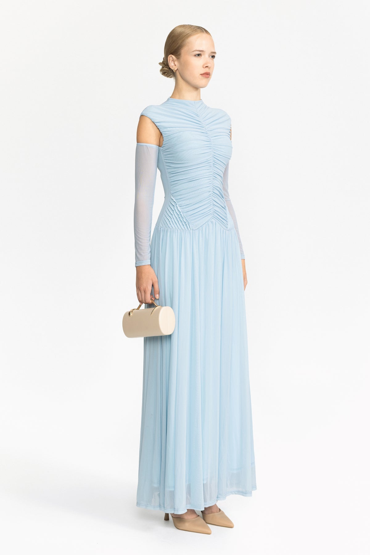 Ruched Mesh Drop Waist Maxi Dress - Sky Blue