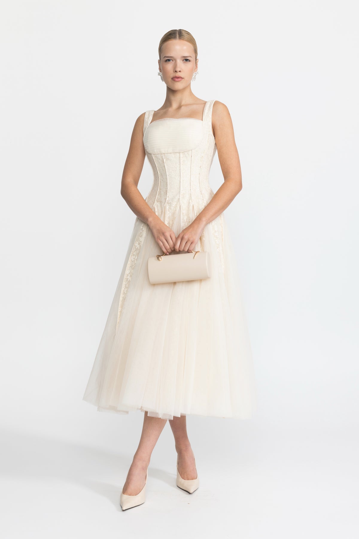 Lace Panel Corset Tulle Midi Dress - Ivoire